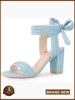 Open Toe Ankle Tie Back Chunky Heel Sandals, 3.1 Inch Heel, Faux Suede